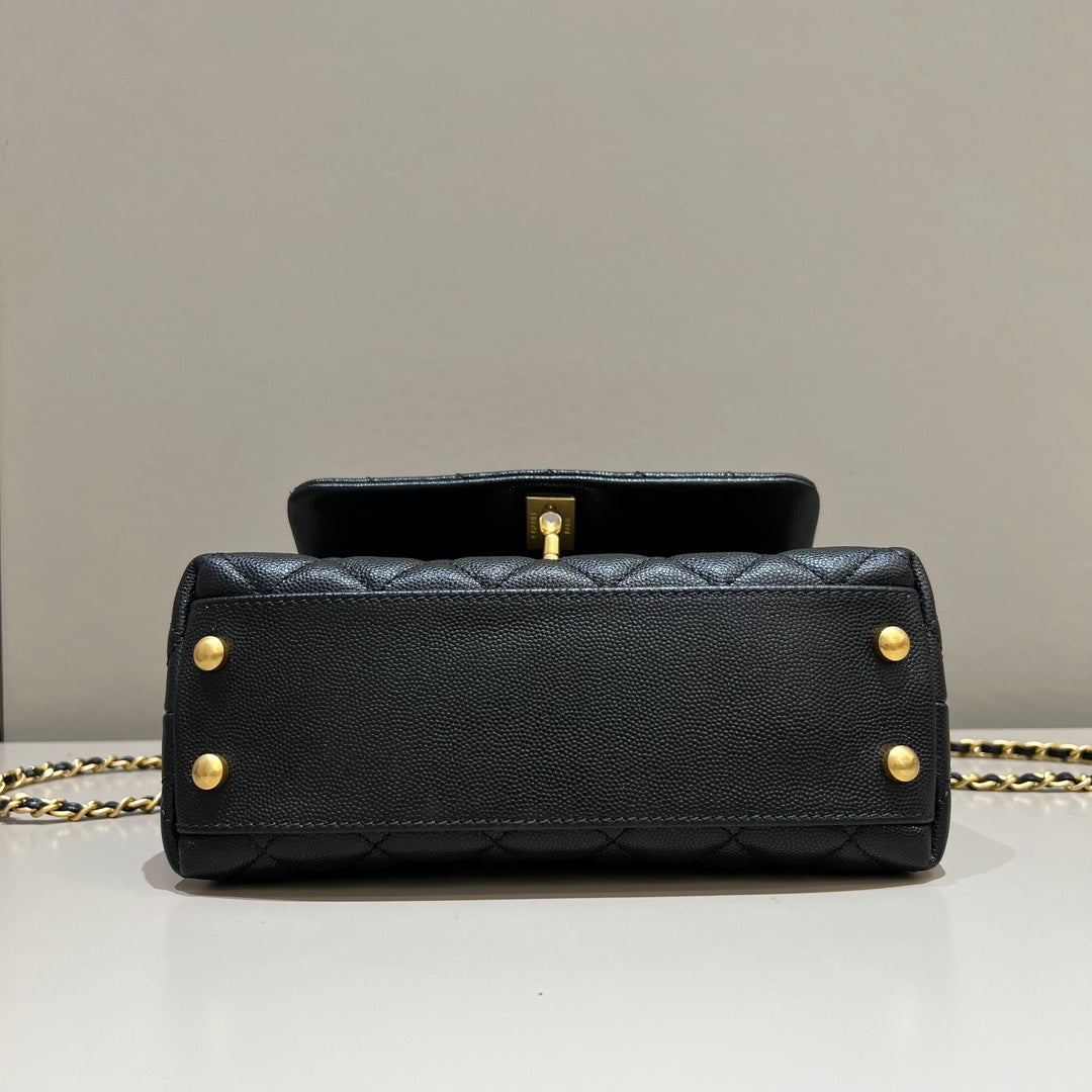 CH  FLAP BAG WITH TOP HANDLE 24  Small Grained Calfskin Lizard Handle Black