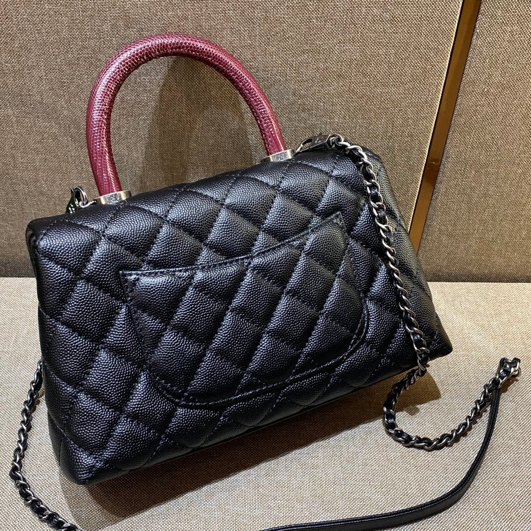 CH  FLAP BAG WITH TOP HANDLE 24  Small Grained Calfskin Lizard Handle Black