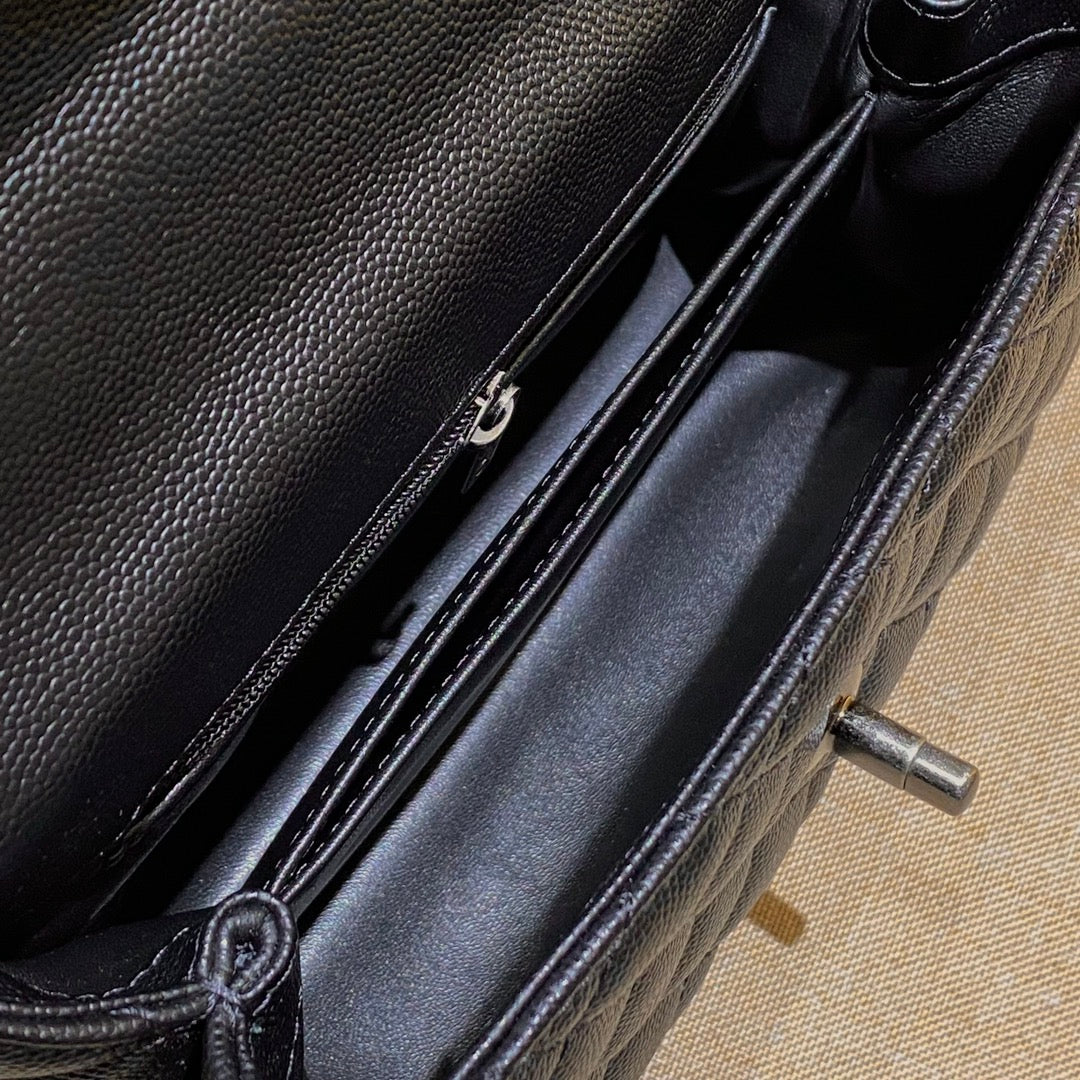 CH  FLAP BAG WITH TOP HANDLE 24  Small Grained Calfskin Lizard Handle Black