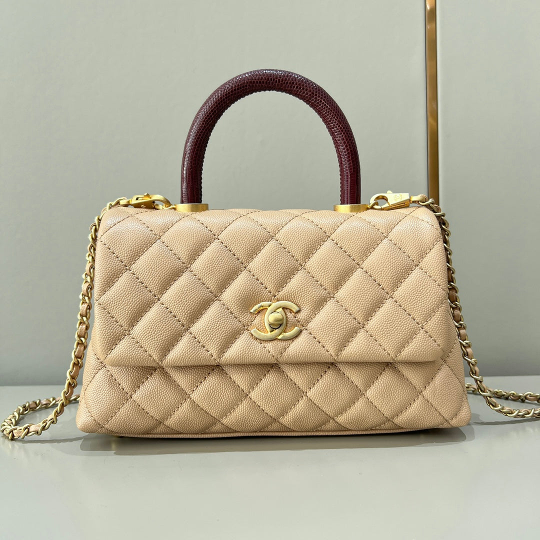 CH  FLAP BAG WITH TOP HANDLE 24  Small Grained Calfskin Lizard Handle Light Teas