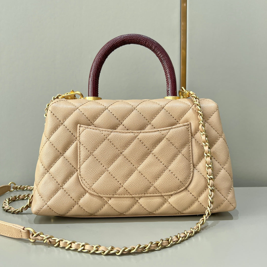 CH  FLAP BAG WITH TOP HANDLE 24  Small Grained Calfskin Lizard Handle Light Teas