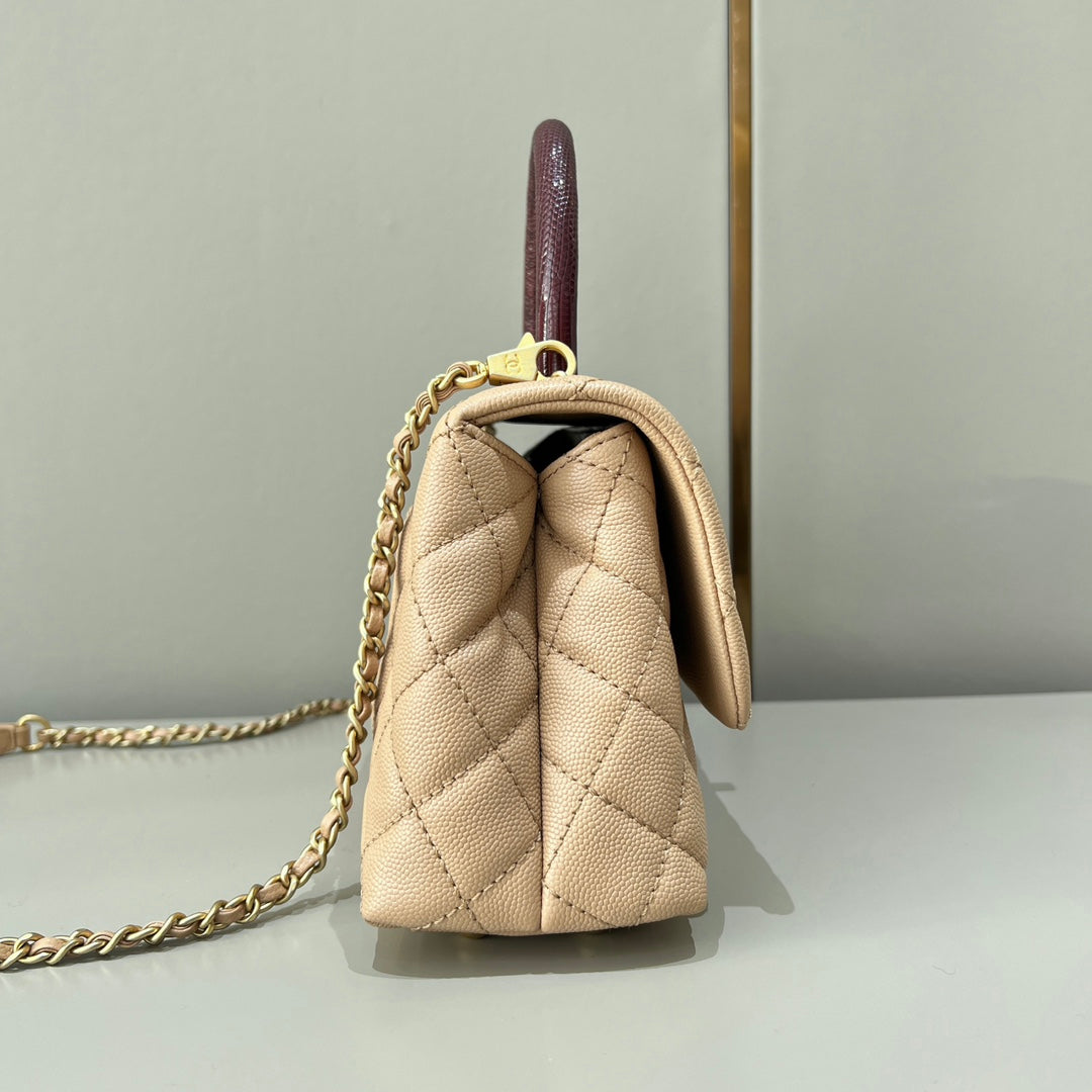 CH  FLAP BAG WITH TOP HANDLE 24  Small Grained Calfskin Lizard Handle Light Teas