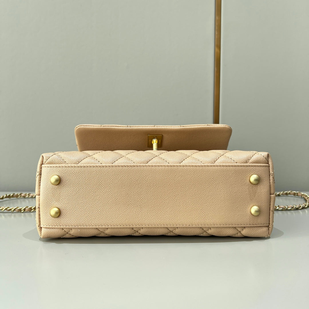 CH  FLAP BAG WITH TOP HANDLE 24  Small Grained Calfskin Lizard Handle Light Teas