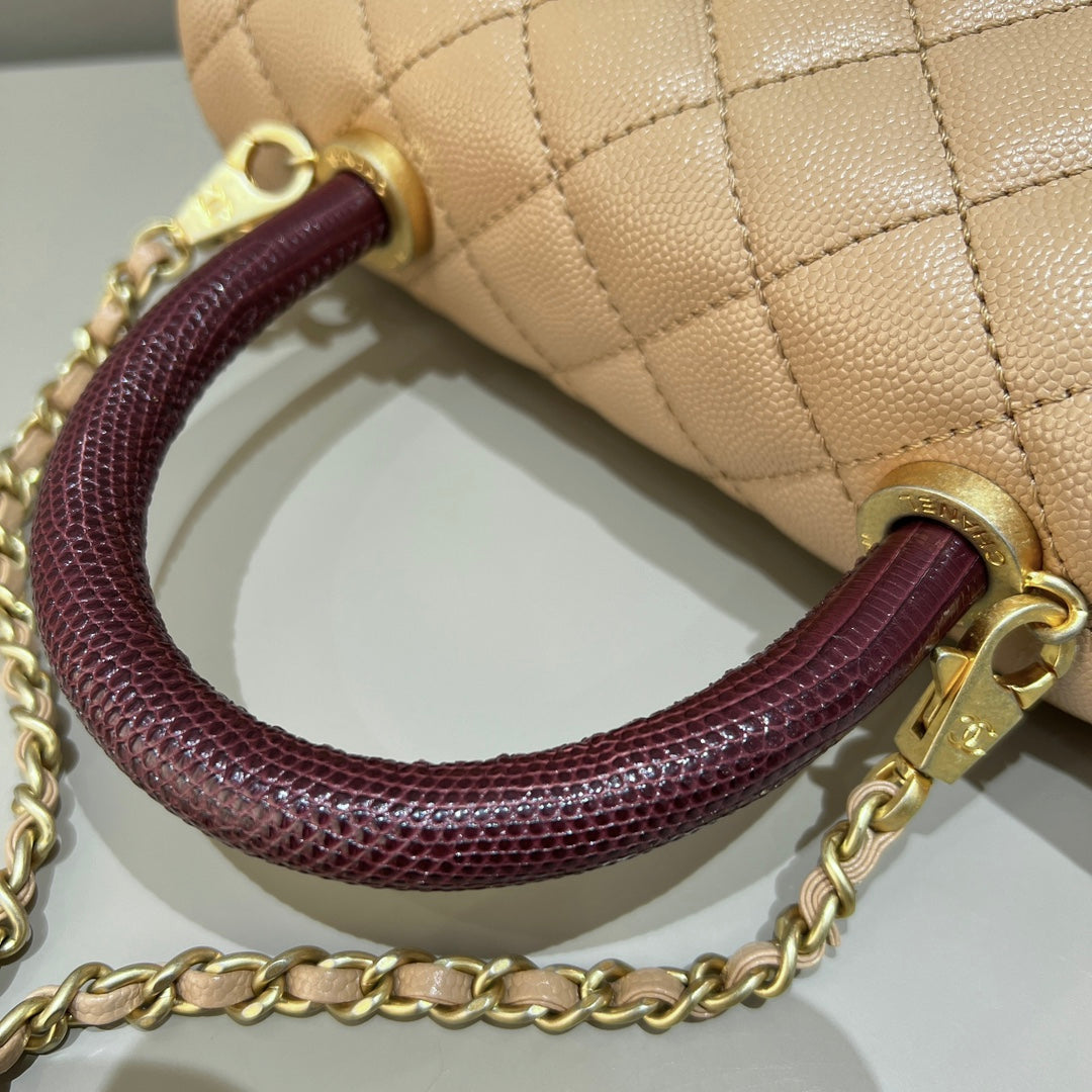 CH  FLAP BAG WITH TOP HANDLE 24  Small Grained Calfskin Lizard Handle Light Teas