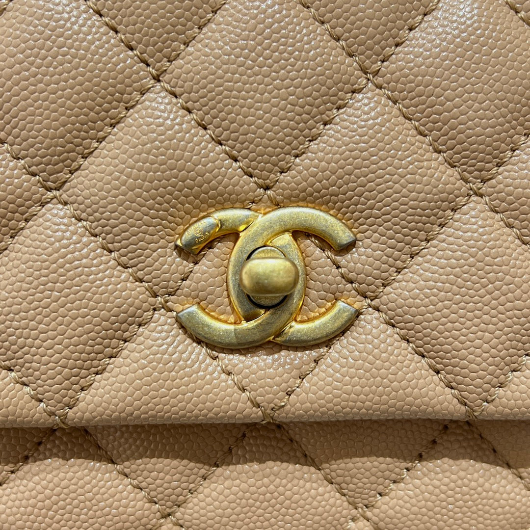 CH  FLAP BAG WITH TOP HANDLE 24  Small Grained Calfskin Lizard Handle Light Teas