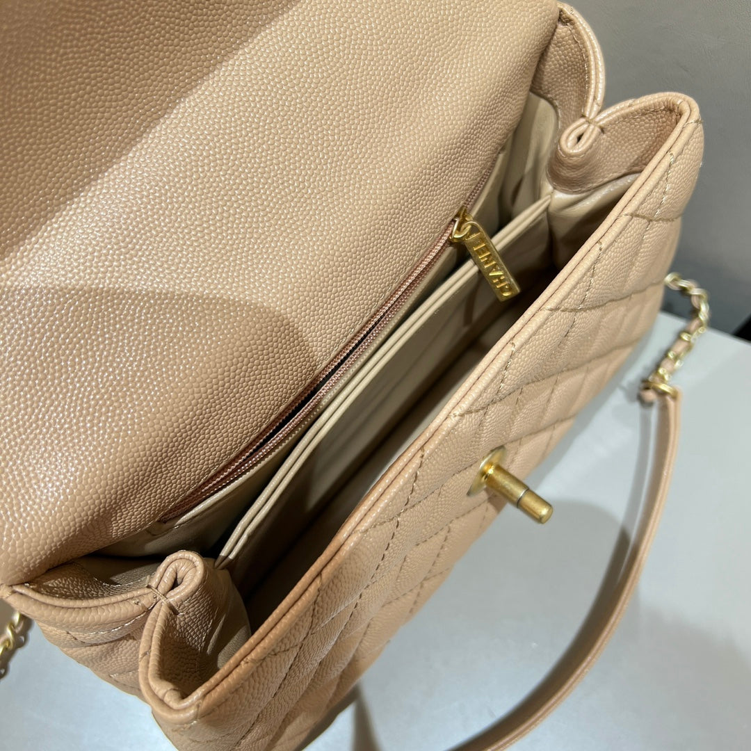 CH  FLAP BAG WITH TOP HANDLE 24  Small Grained Calfskin Lizard Handle Light Teas