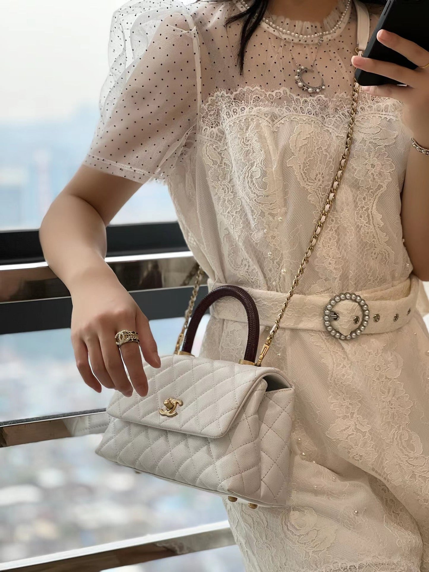 CH FLAP BAG WITH TOP HANDLE 24  Small Grained Calfskin Lizard Handle White