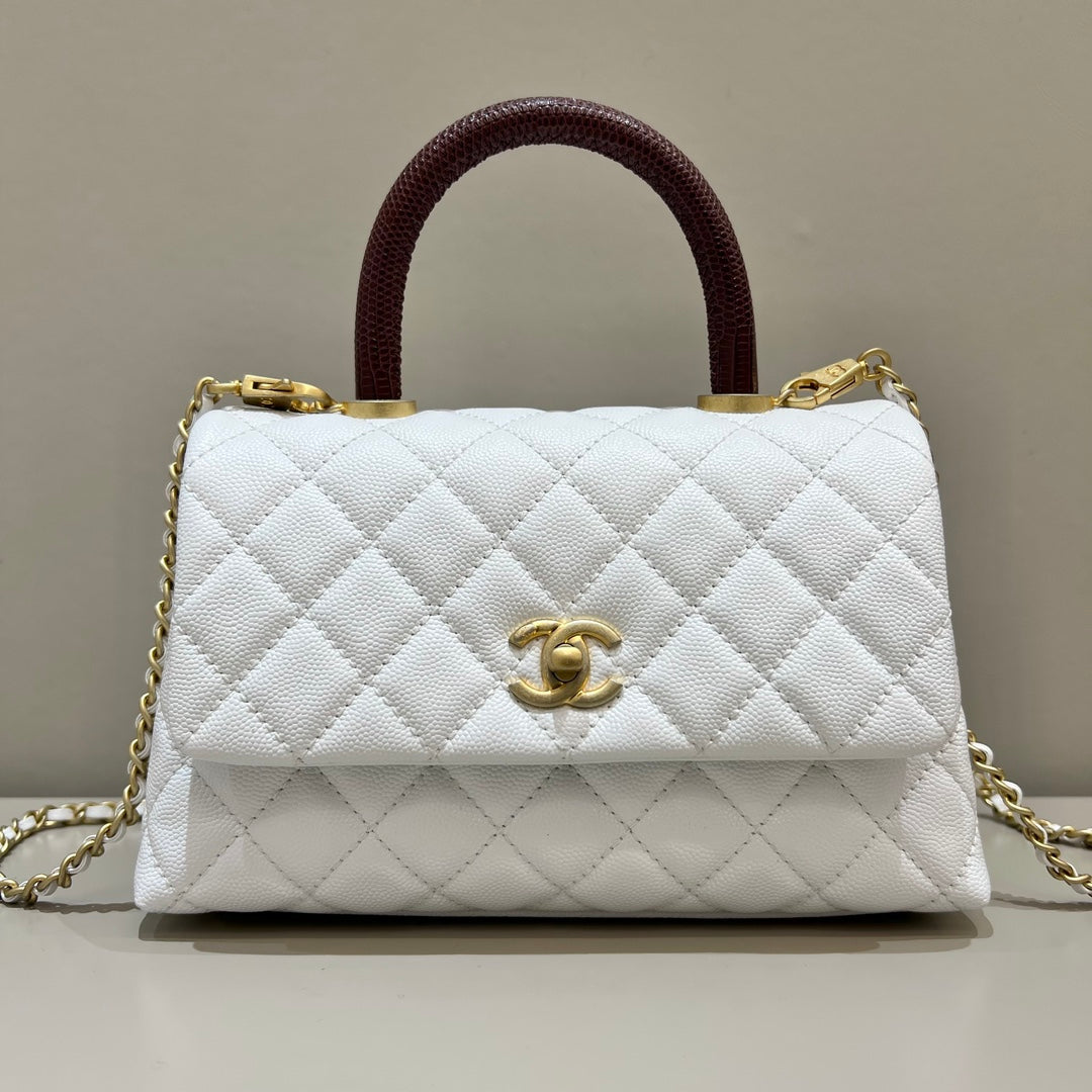 CH FLAP BAG WITH TOP HANDLE 24  Small Grained Calfskin Lizard Handle White