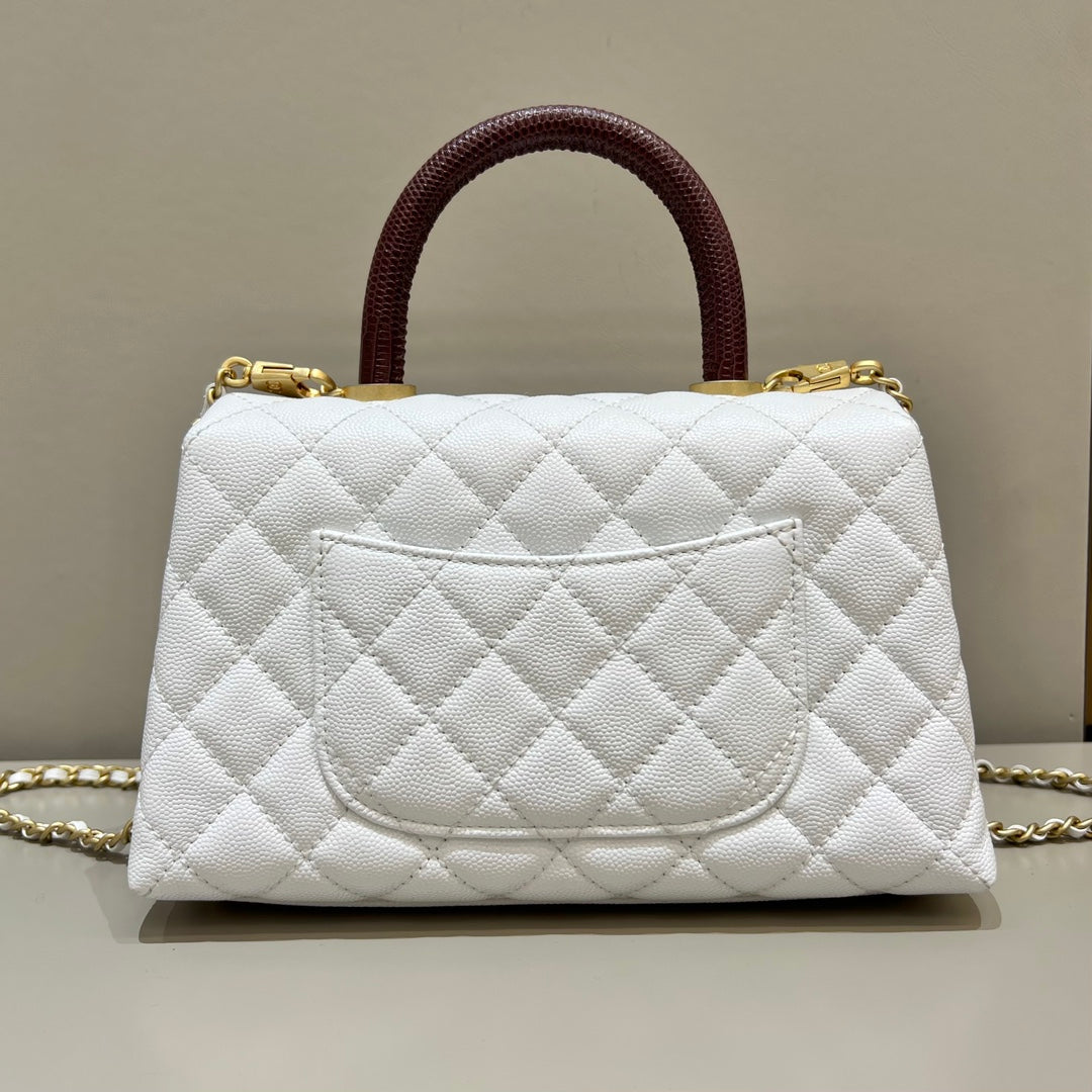 CH FLAP BAG WITH TOP HANDLE 24  Small Grained Calfskin Lizard Handle White