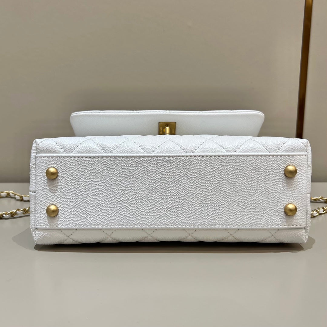 CH FLAP BAG WITH TOP HANDLE 24  Small Grained Calfskin Lizard Handle White