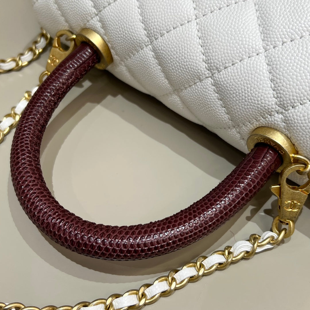 CH FLAP BAG WITH TOP HANDLE 24  Small Grained Calfskin Lizard Handle White