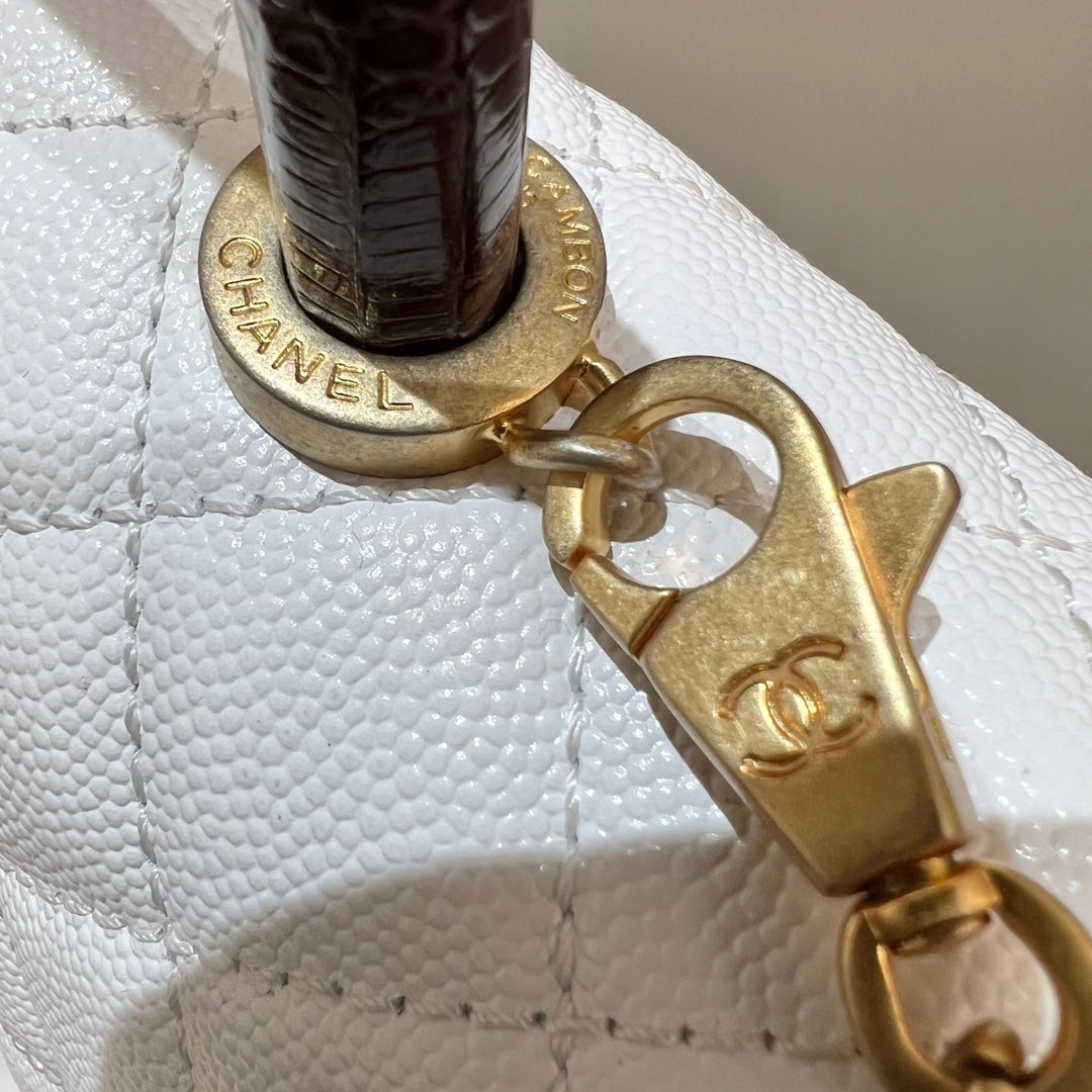 CH FLAP BAG WITH TOP HANDLE 24  Small Grained Calfskin Lizard Handle White