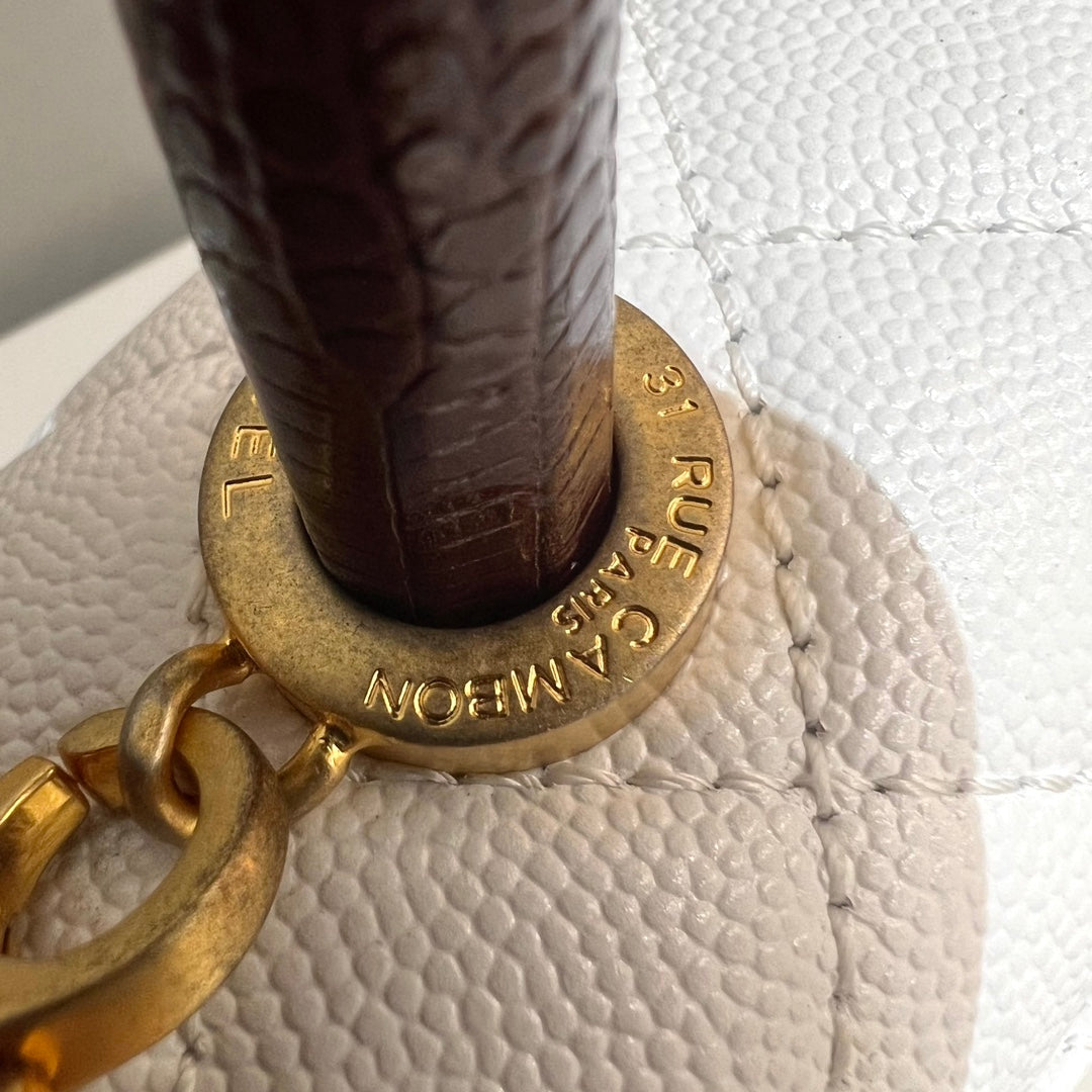 CH FLAP BAG WITH TOP HANDLE 24  Small Grained Calfskin Lizard Handle White