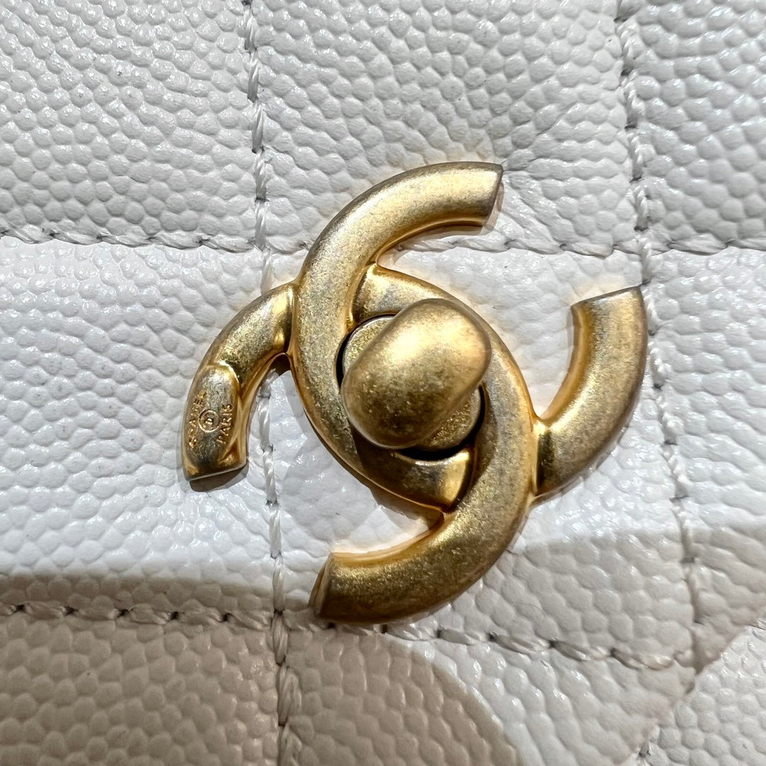 CH FLAP BAG WITH TOP HANDLE 24  Small Grained Calfskin Lizard Handle White