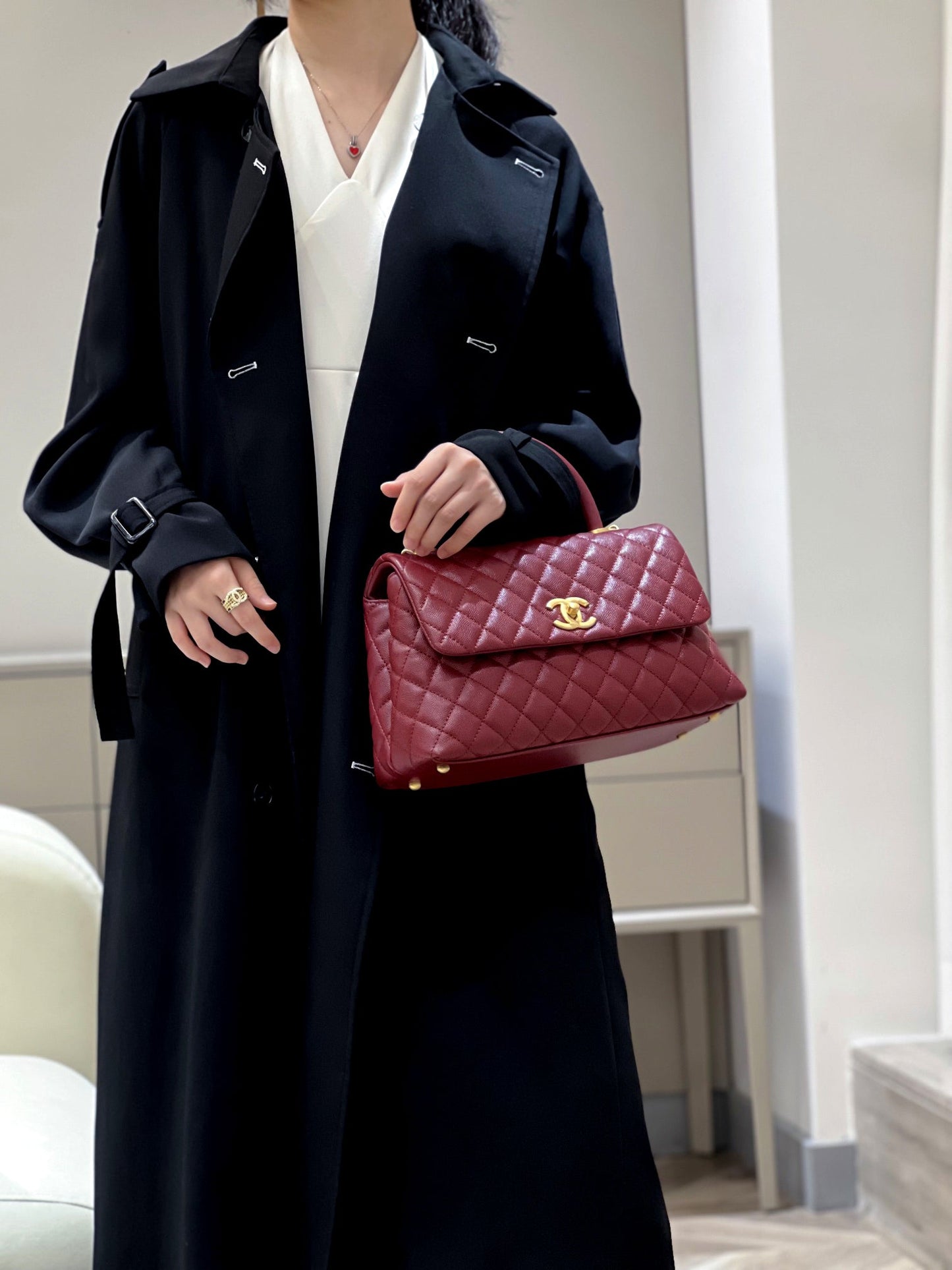 CH LARGE FLAP BAG WITH TOP HANDLE 29  Small Grained Calfskin Red Wine Color