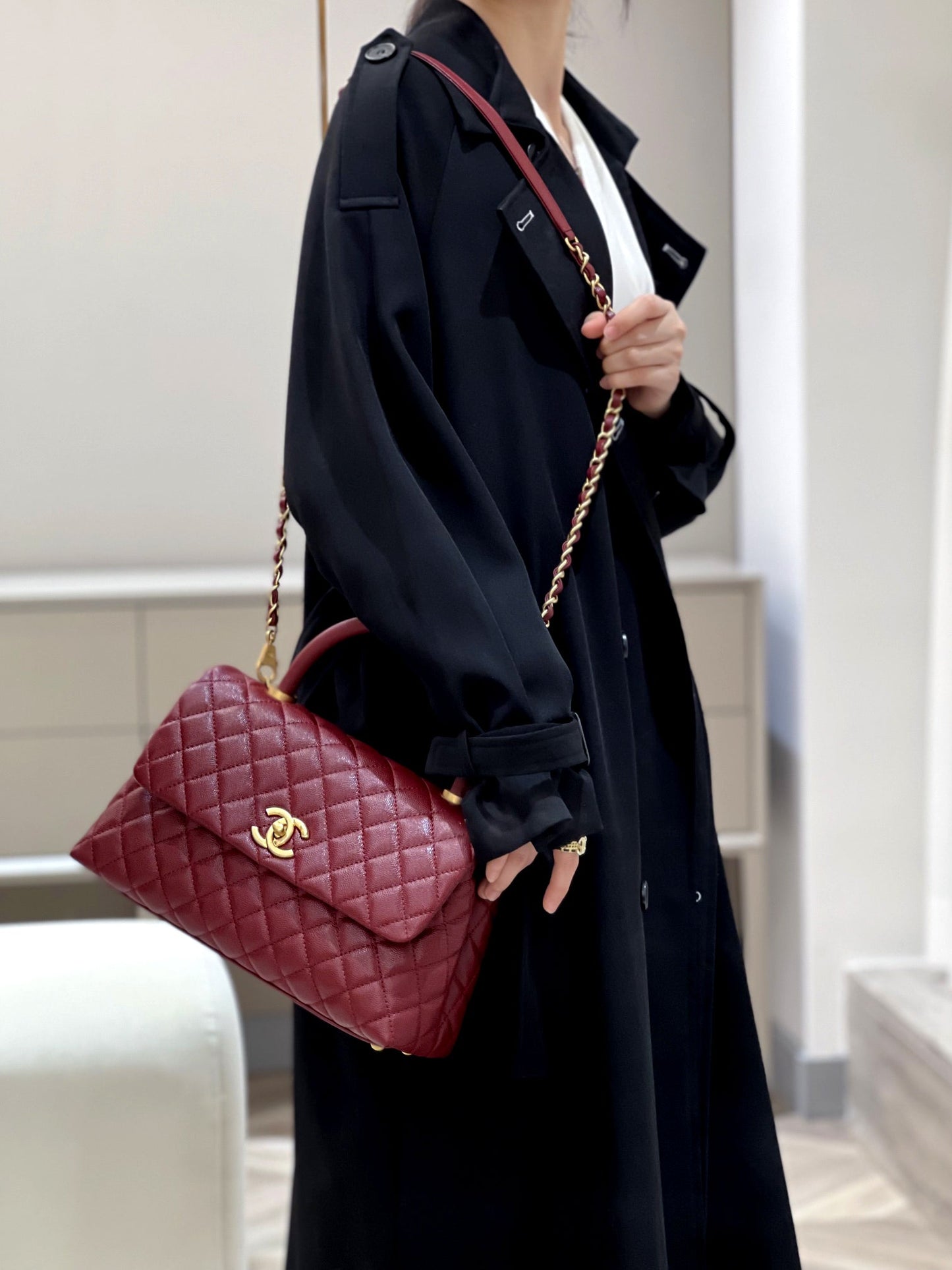 CH LARGE FLAP BAG WITH TOP HANDLE 29  Small Grained Calfskin Red Wine Color