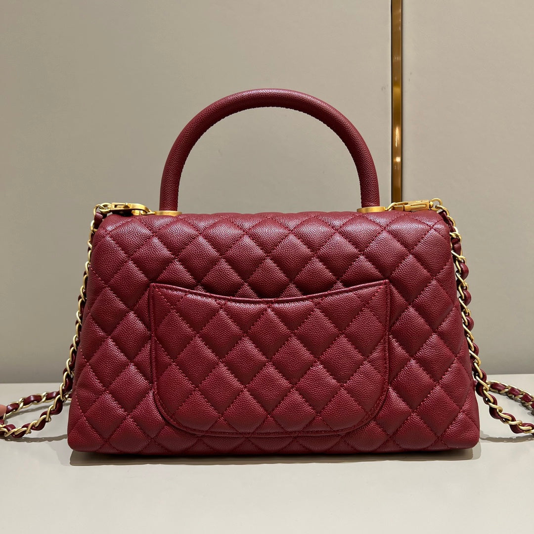 CH LARGE FLAP BAG WITH TOP HANDLE 29  Small Grained Calfskin Red Wine Color