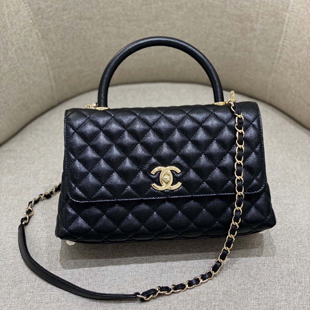 CH LARGE FLAP BAG WITH TOP HANDLE 29  Small Grained Calfskin Black