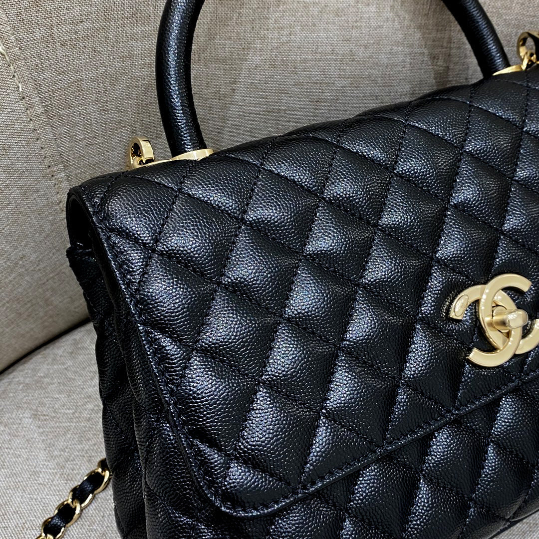 CH LARGE FLAP BAG WITH TOP HANDLE 29  Small Grained Calfskin Black