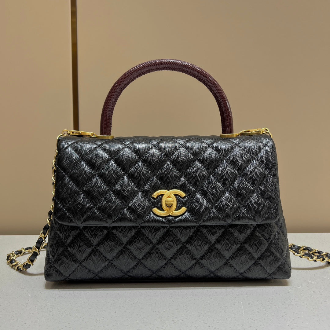 CH LARGE FLAP BAG WITH TOP HANDLE 29  Small Grained Calfskin Lizard Handle Black