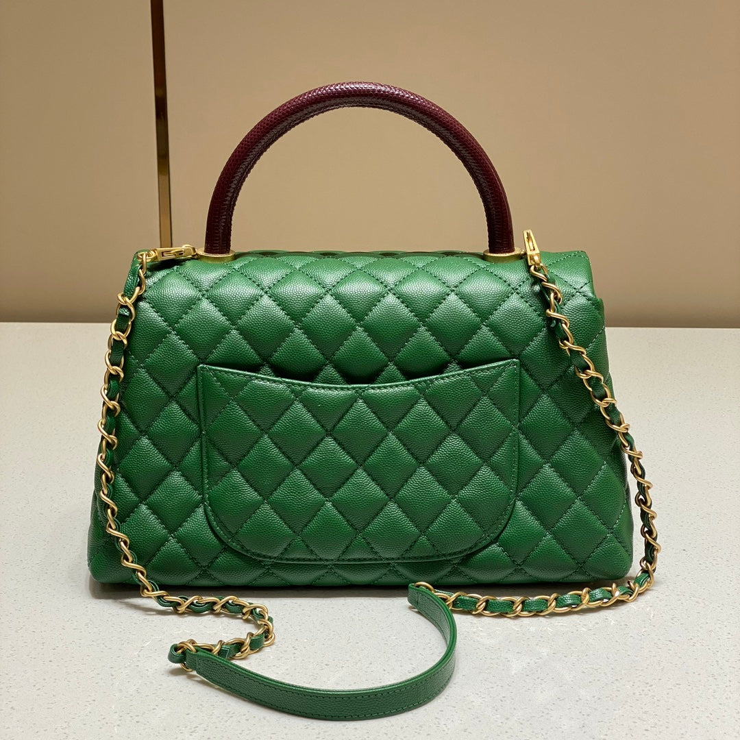 CH LARGE FLAP BAG WITH TOP HANDLE 29  Small Grained Calfskin Lizard Handle Green