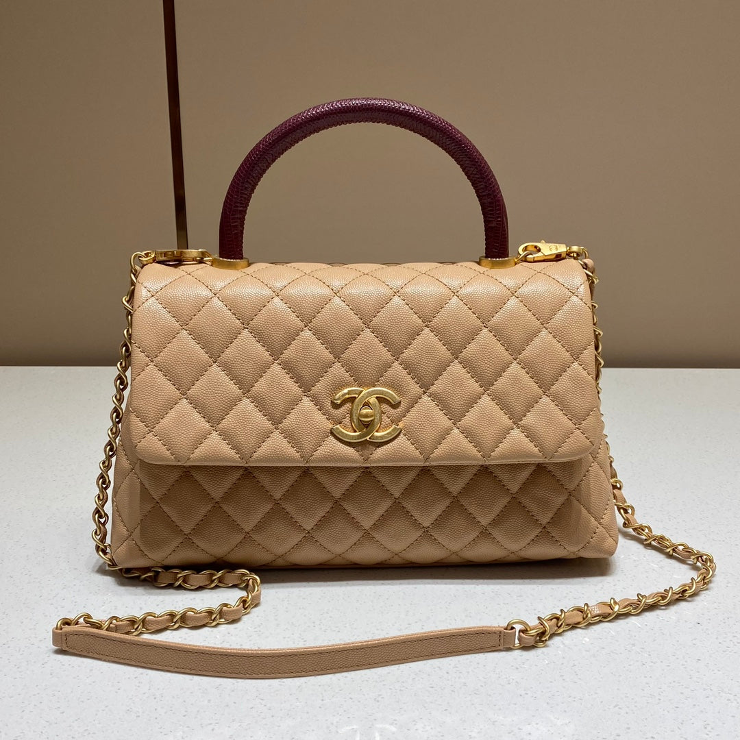 CH LARGE FLAP BAG WITH TOP HANDLE 29  Small Grained Calfskin Lizard Handle Light Teas