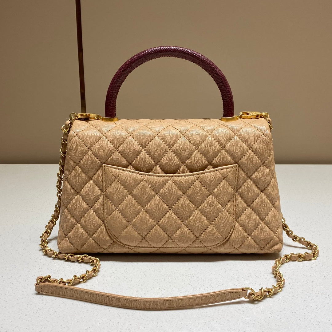 CH LARGE FLAP BAG WITH TOP HANDLE 29  Small Grained Calfskin Lizard Handle Light Teas