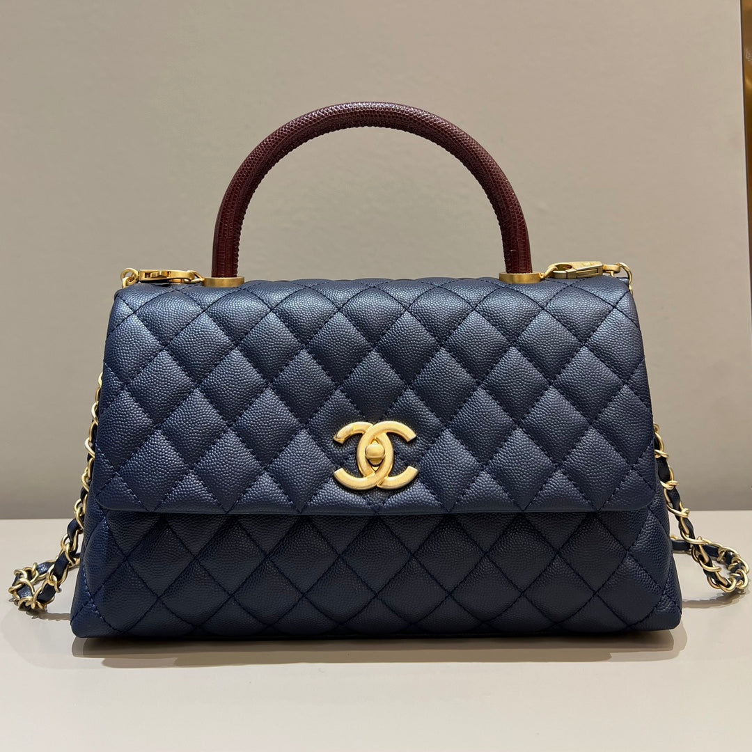 CH LARGE FLAP BAG WITH TOP HANDLE 29  Small Grained Calfskin Lizard Handle Navy Blue