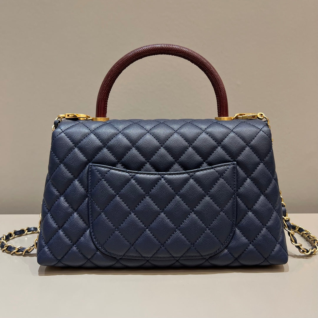 CH LARGE FLAP BAG WITH TOP HANDLE 29  Small Grained Calfskin Lizard Handle Navy Blue