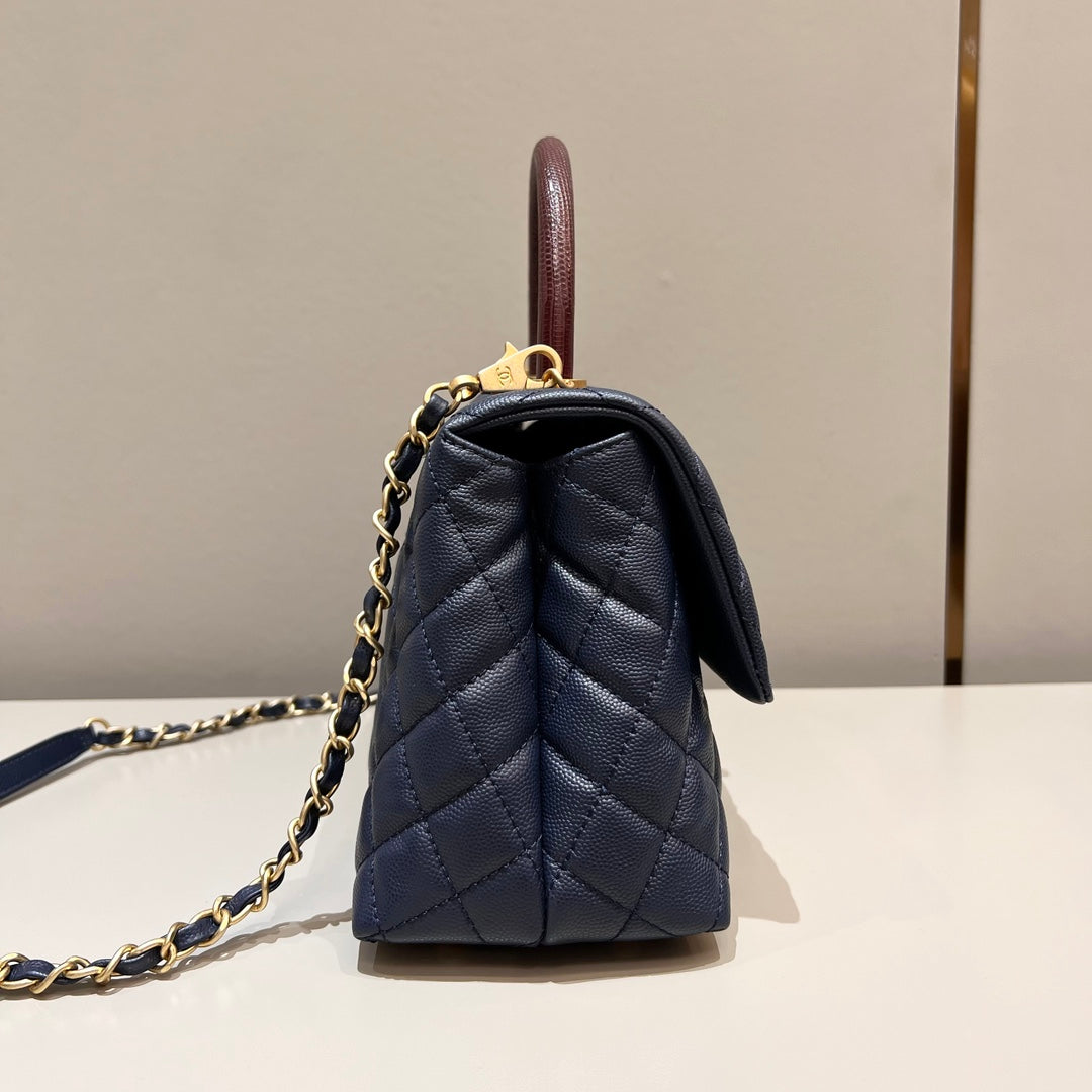 CH LARGE FLAP BAG WITH TOP HANDLE 29  Small Grained Calfskin Lizard Handle Navy Blue