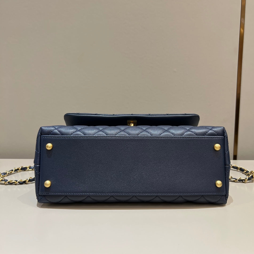 CH LARGE FLAP BAG WITH TOP HANDLE 29  Small Grained Calfskin Lizard Handle Navy Blue