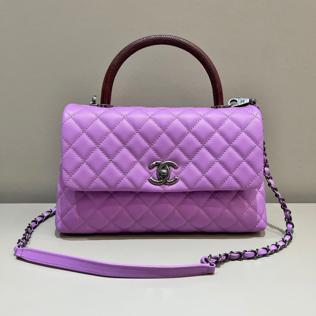CH LARGE FLAP BAG WITH TOP HANDLE 29  Small Grained Calfskin Lizard Handle Taro Purple