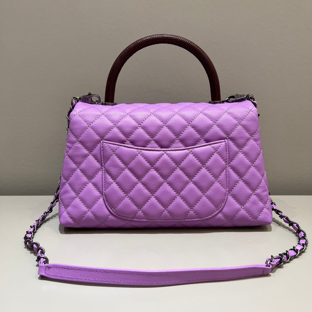 CH LARGE FLAP BAG WITH TOP HANDLE 29  Small Grained Calfskin Lizard Handle Taro Purple