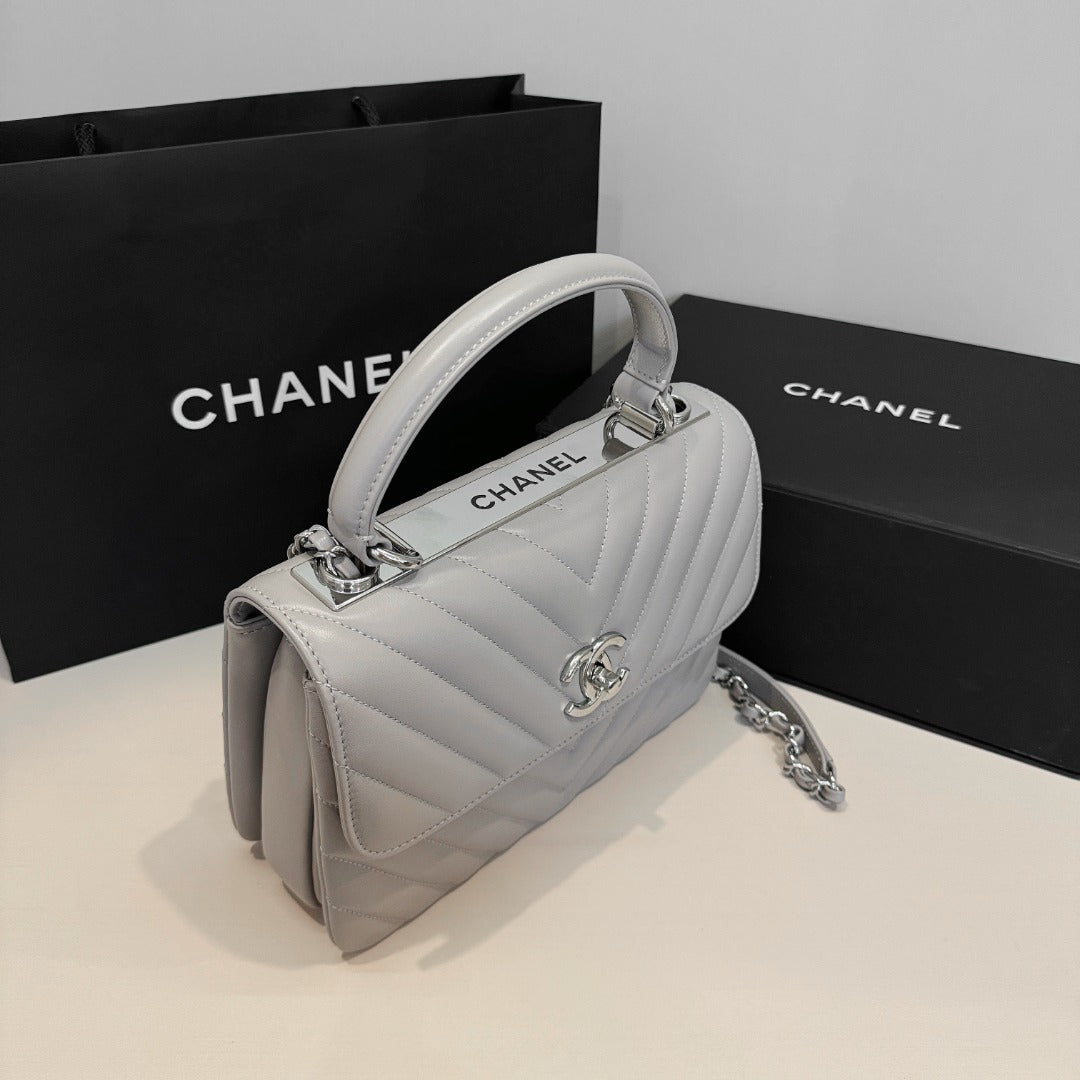 CH FLAP BAG WITH TOP HANDLE Trendy cc Lambskin Dove Gray