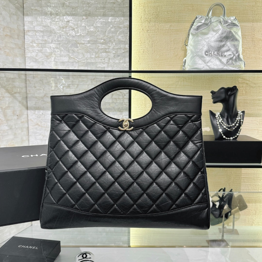 CH 31 Shopping Bag Calfskin with Gold Hardware Black