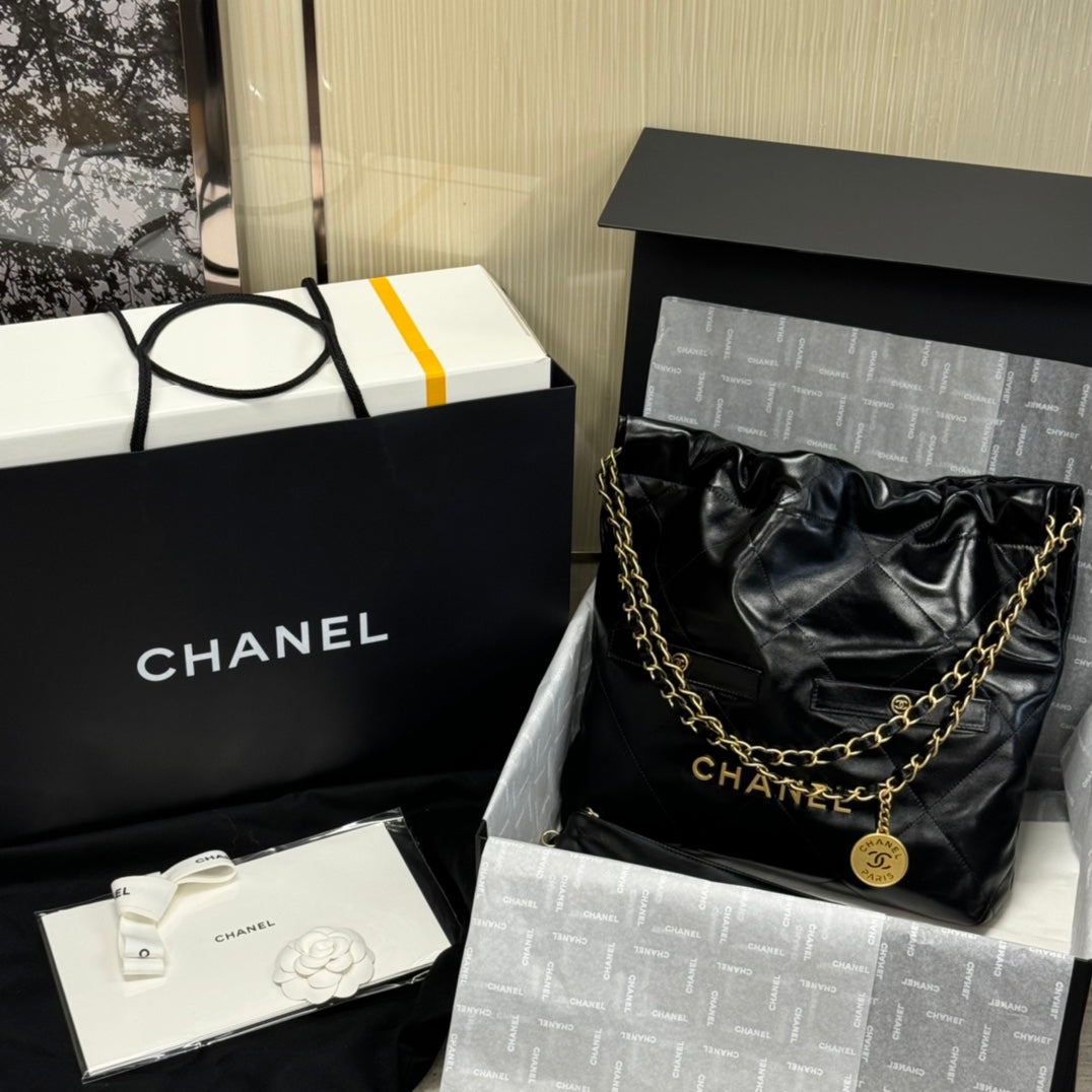 CH 24B 22 Handbag Hobo Bags Shiny Calfskin Black