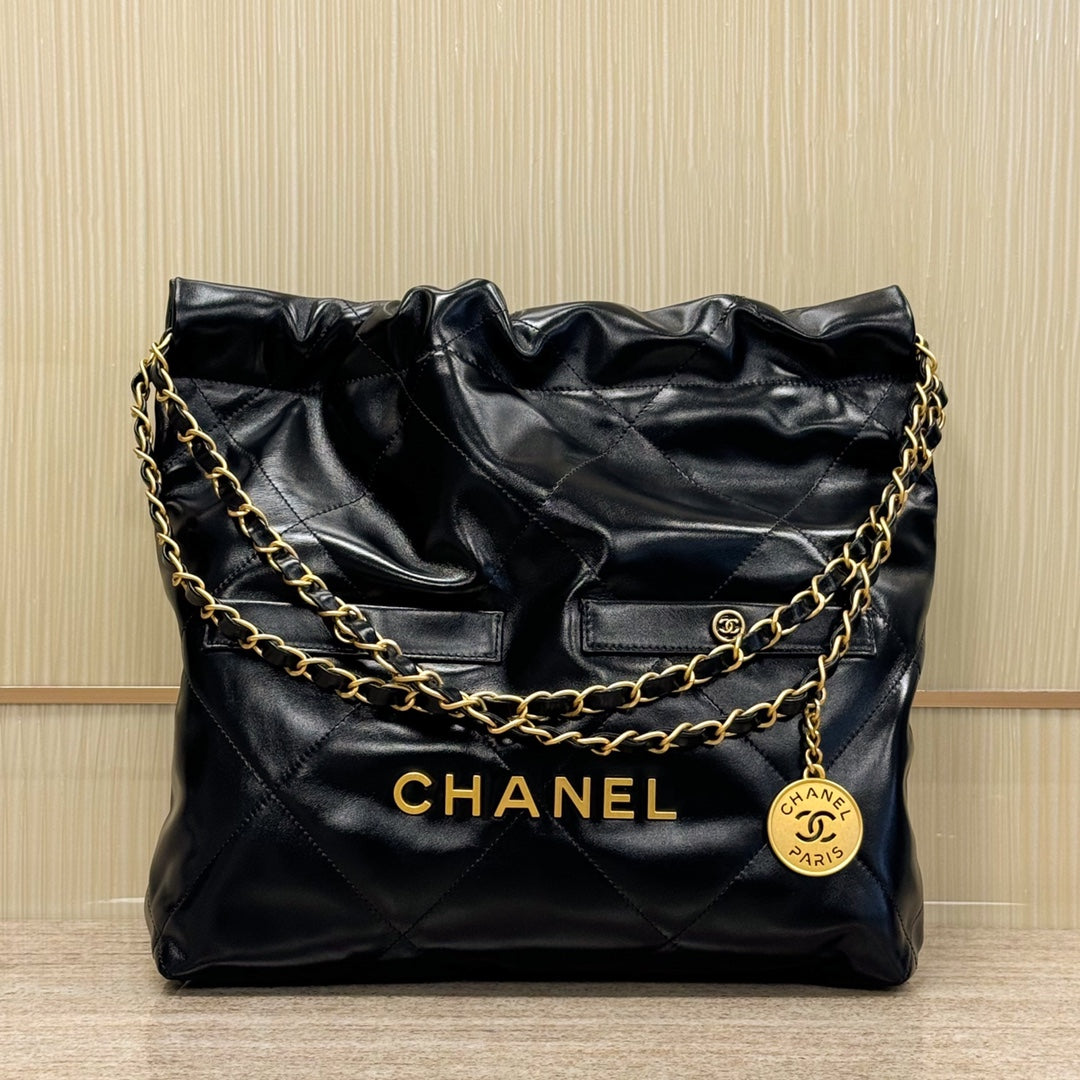 CH 24B 22 Handbag Hobo Bags Shiny Calfskin Black