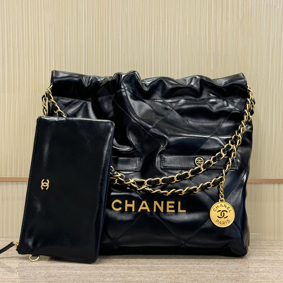 CH 24B 22 Handbag Hobo Bags Shiny Calfskin Black