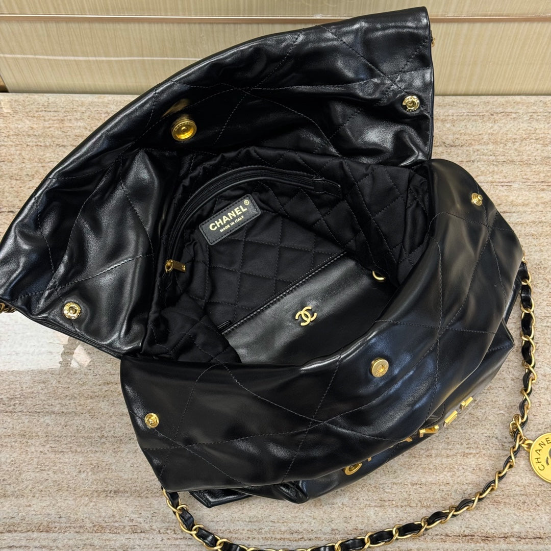 CH 24B 22 Handbag Hobo Bags Shiny Calfskin Black