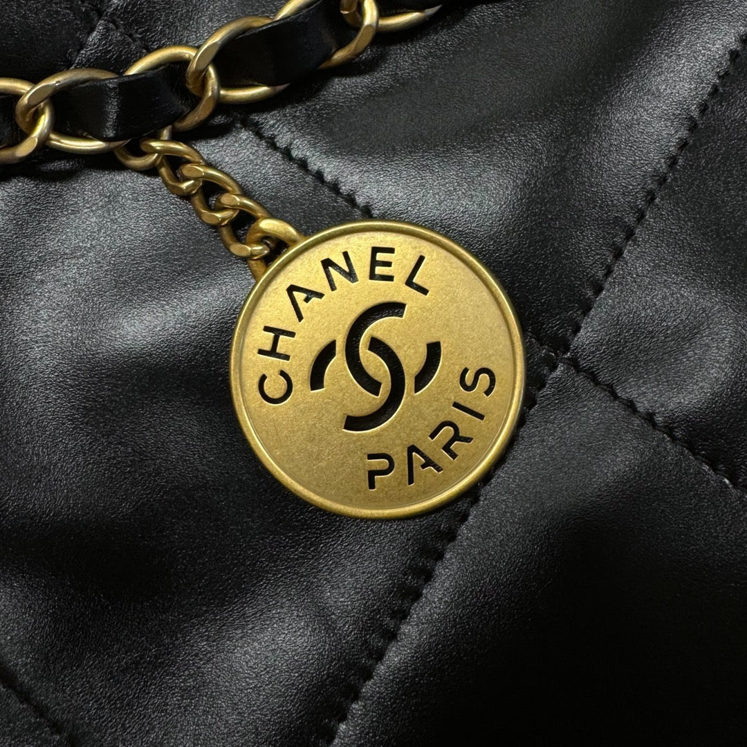 CH 24B 22 Handbag Hobo Bags Shiny Calfskin Black