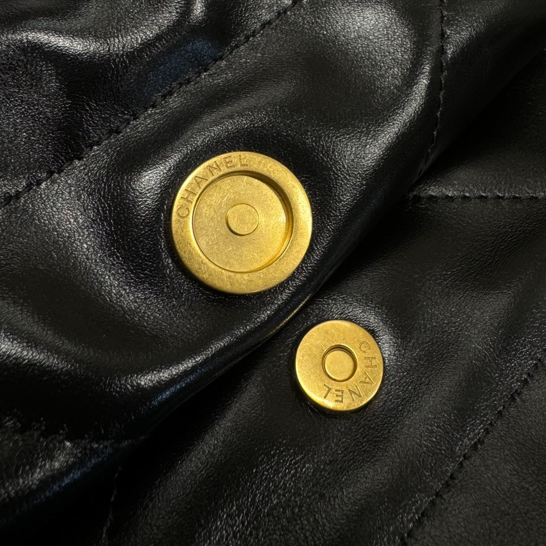 CH 24B 22 Handbag Hobo Bags Shiny Calfskin Black