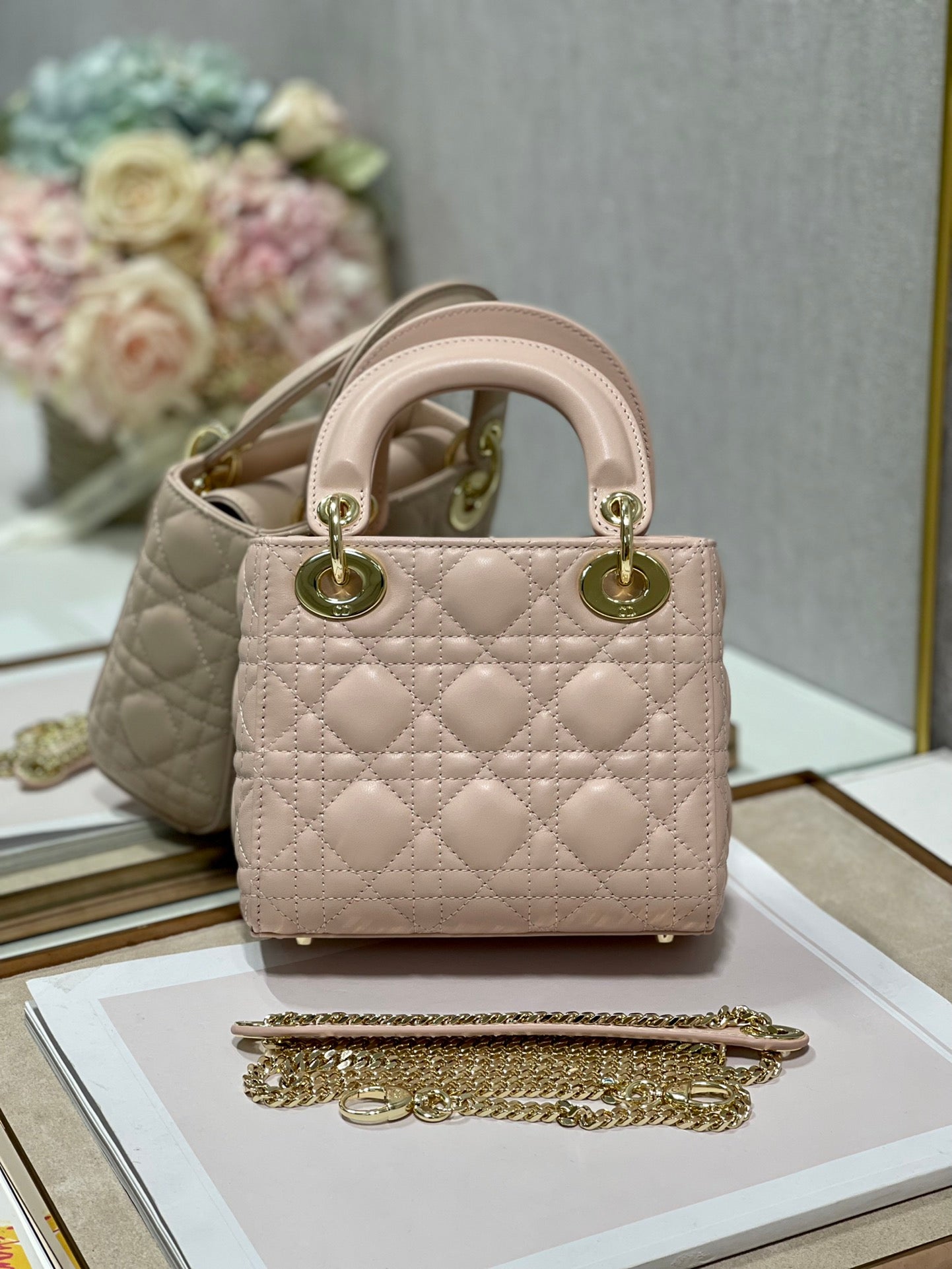 DO Mini Lady Bag Powder Beige Cannage Lambskin