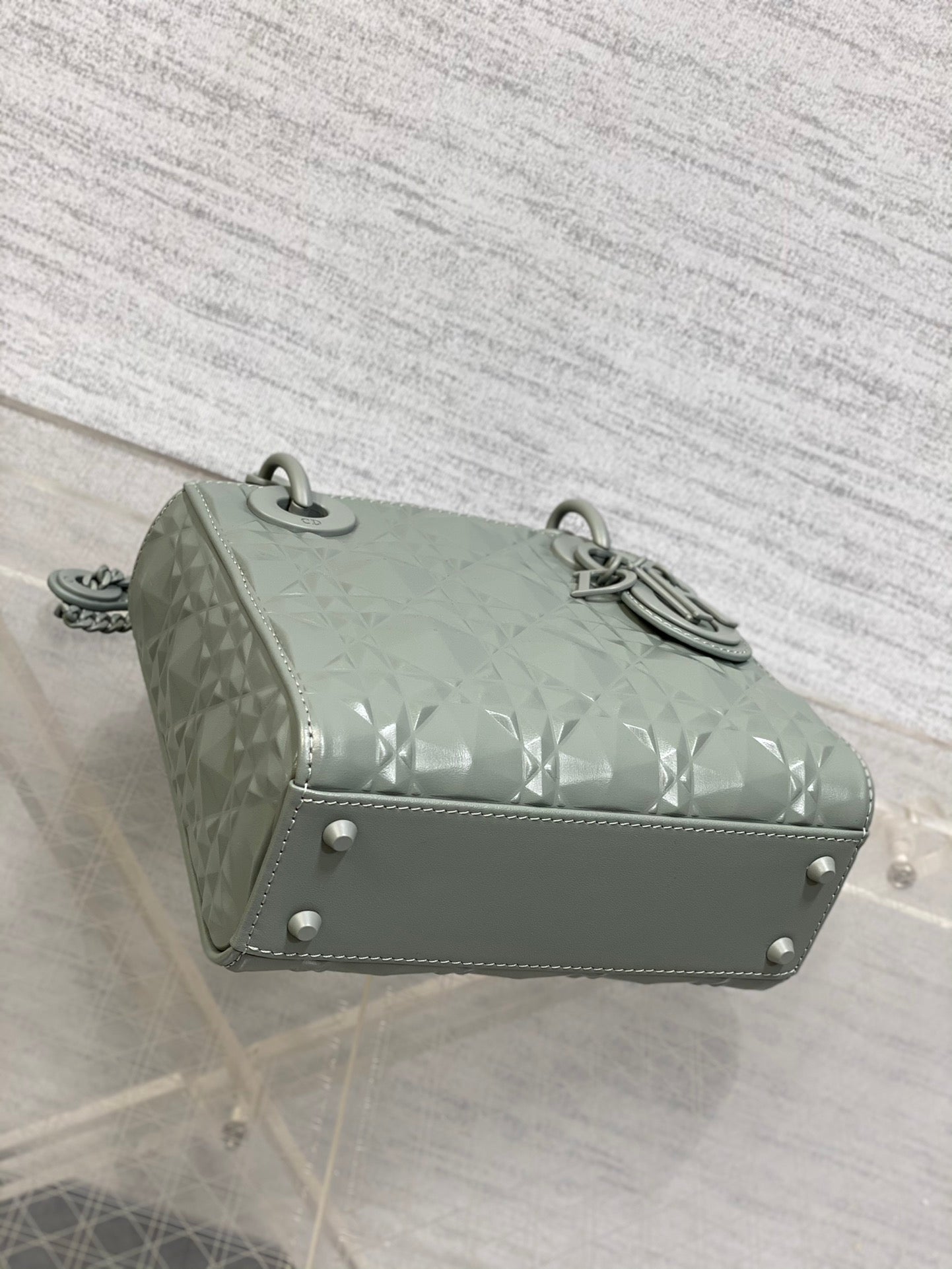 DO Mini Lady Bag  Stone Gray Diamond Pattern Calfskin