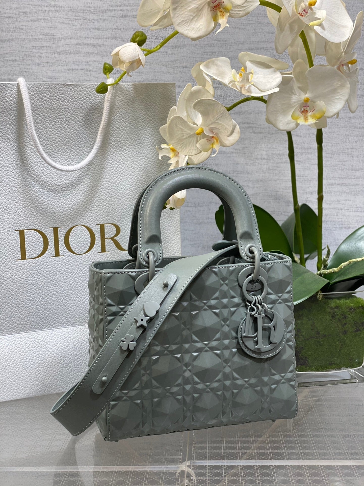 DO Mini Lady Bag  Stone Gray Diamond Pattern Calfskin