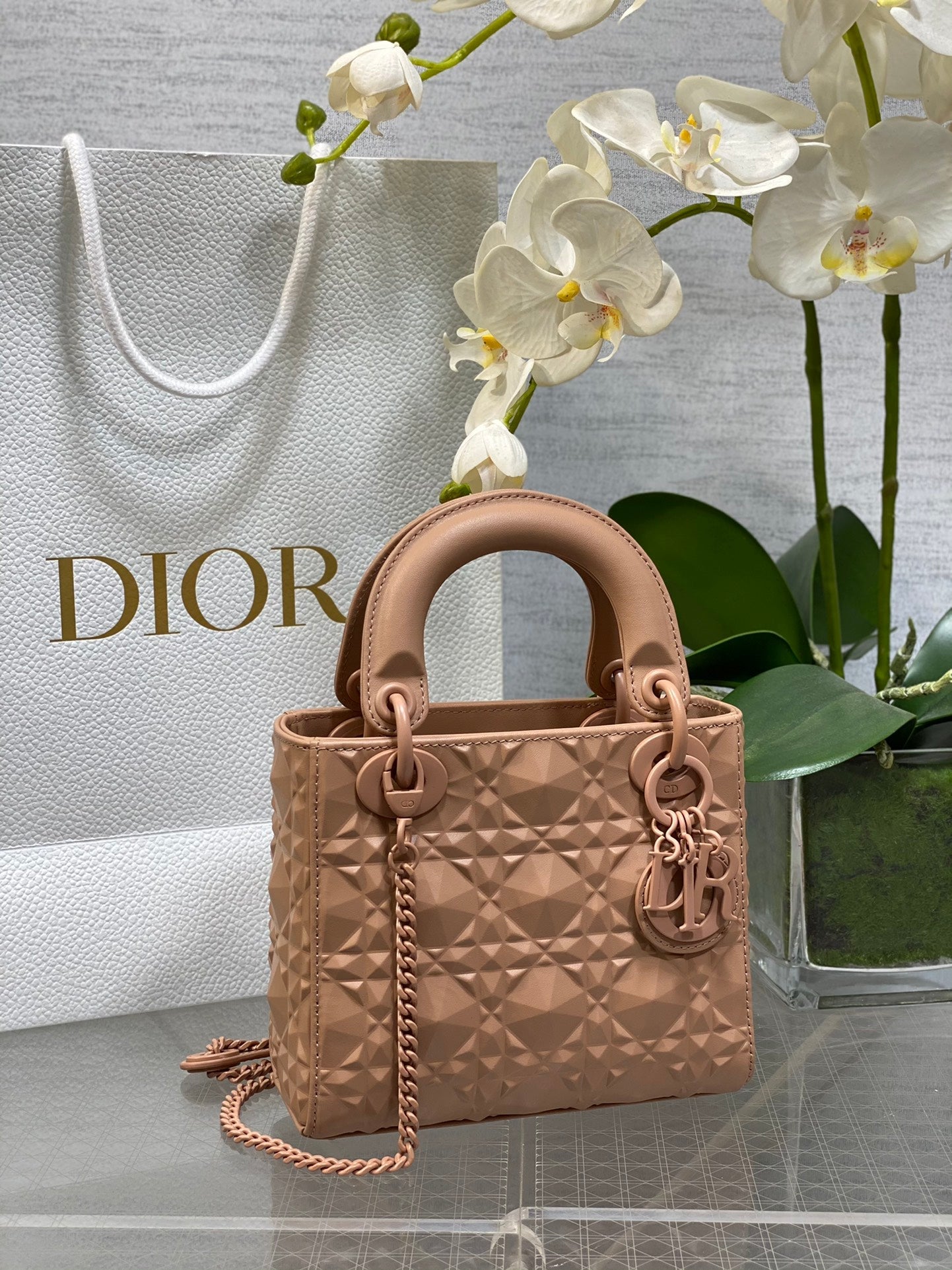 DO Mini Lady Bag  Matte Pink Diamond Pattern Calfskin