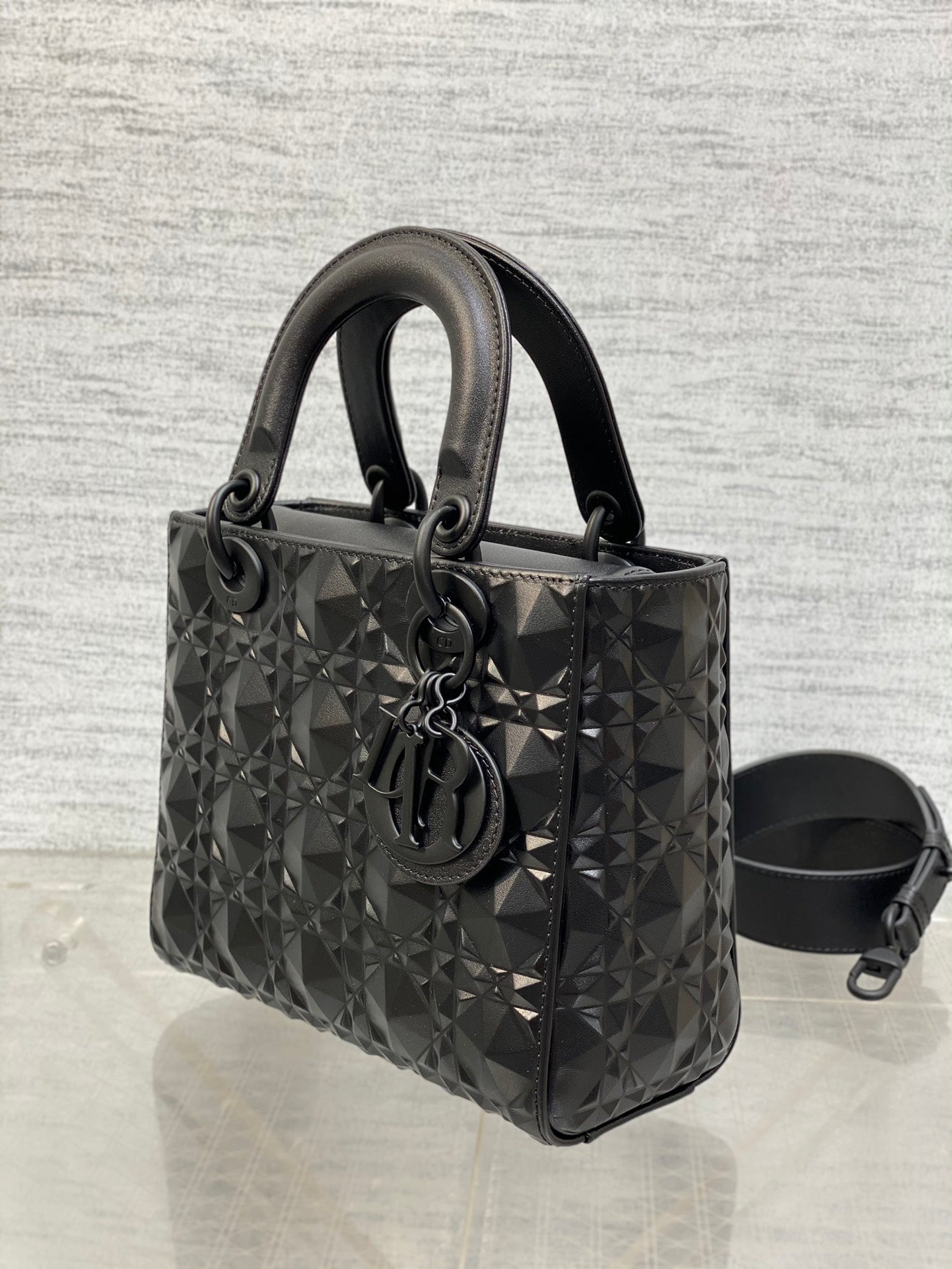 DO  Mini Lady Bag  Matte Black Diamond Pattern Calfskin
