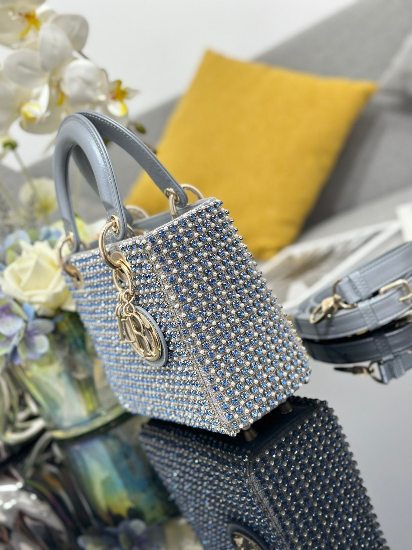 DO Mini Lady  Bag  Grey Sapphire Pearl decoration Embroidery