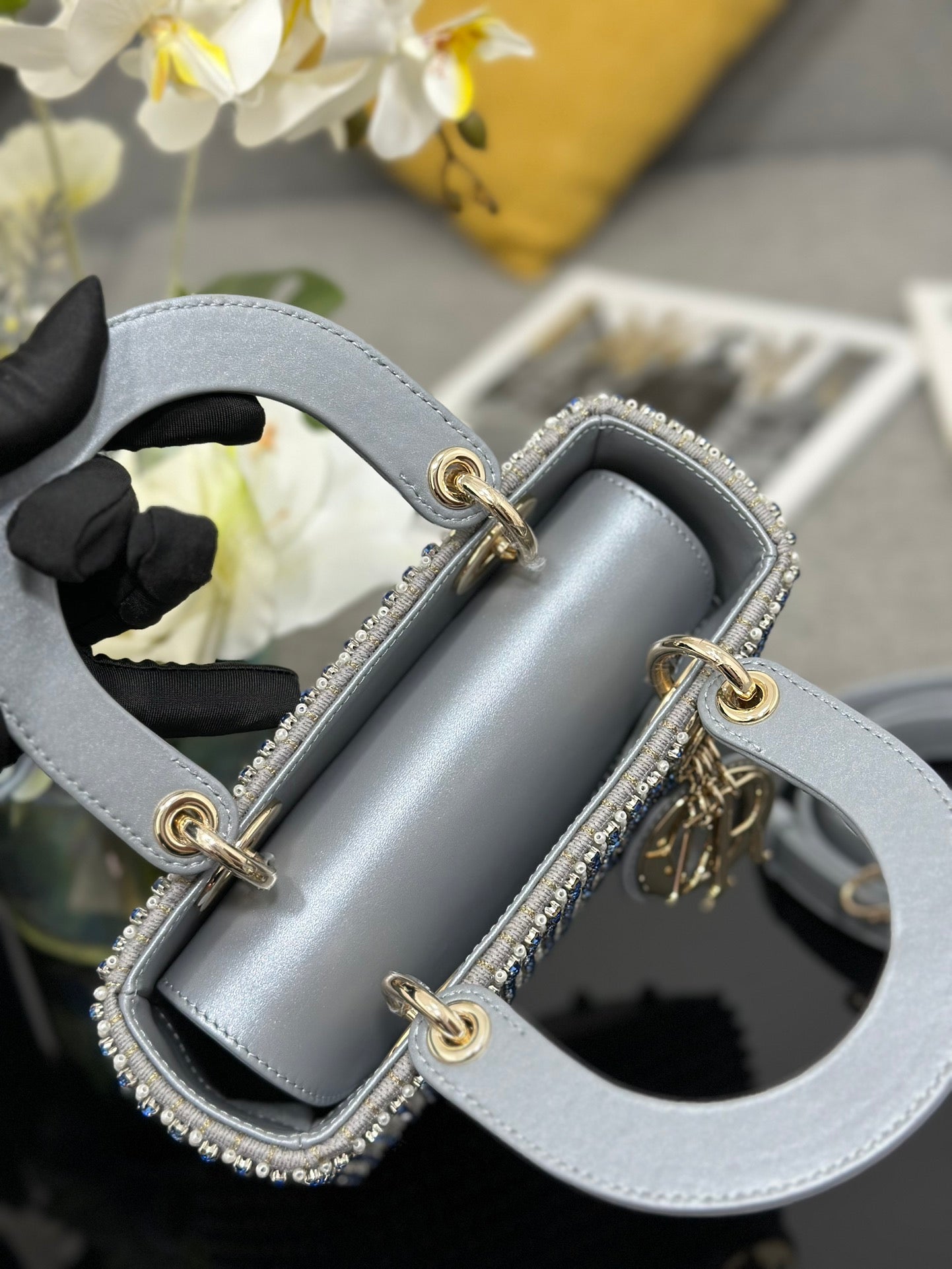 DO Mini Lady  Bag  Grey Sapphire Pearl decoration Embroidery