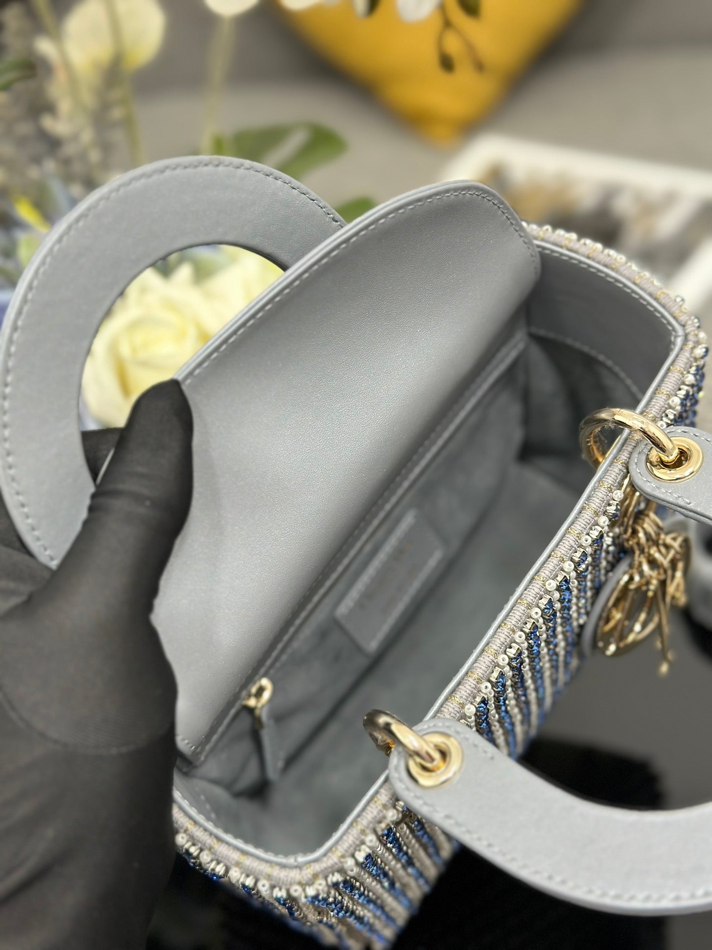 DO Mini Lady  Bag  Grey Sapphire Pearl decoration Embroidery