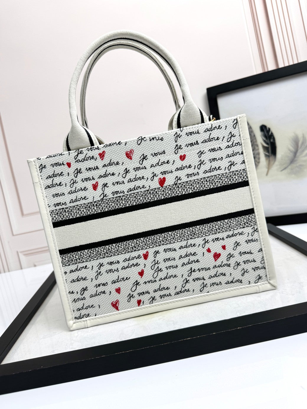 DO Dioramour Small Book Tote White Embroidery with Black and Red Je Vous Adore Motif and